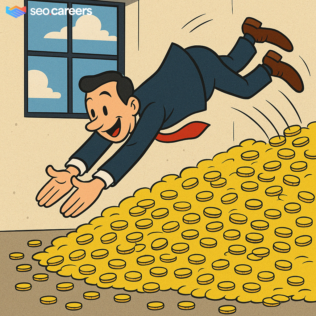 "Cartoon man jumping into pile of money, symbolizing high earning potential for SEO professionals in the USA"
